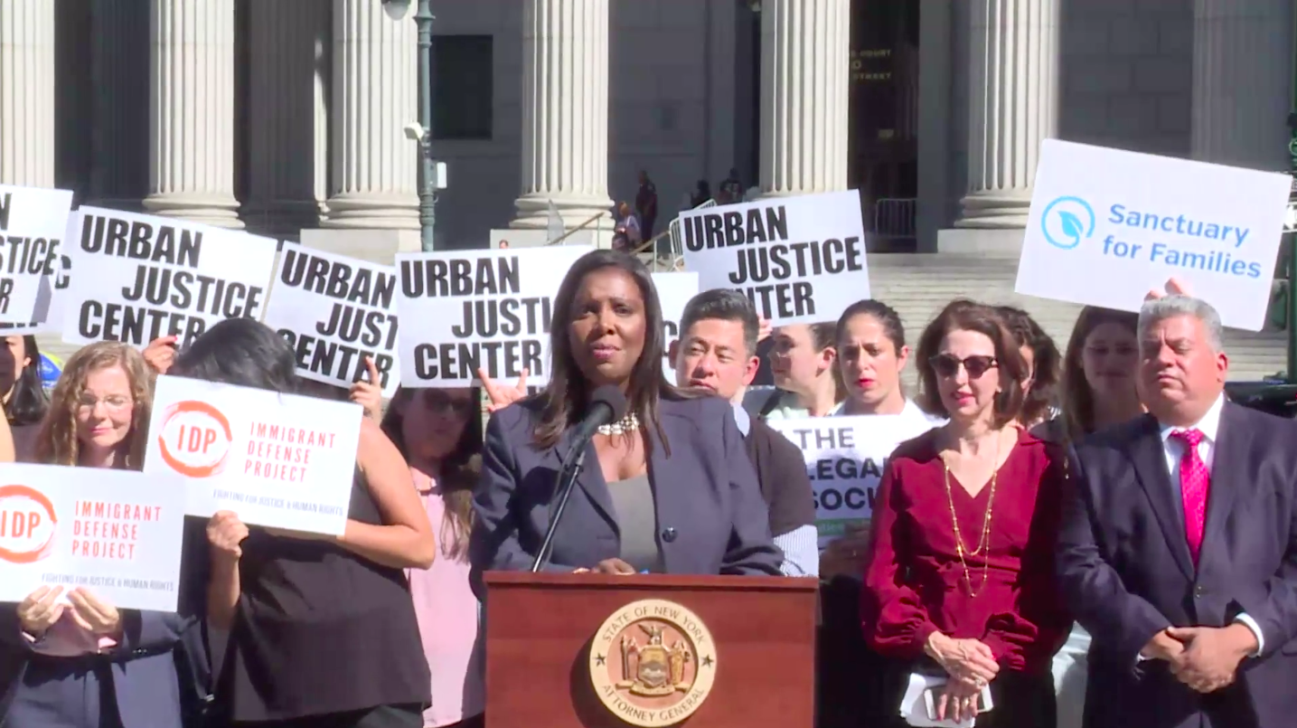 
            New York Attorney General Letitia James and Brooklyn District Attorney Eric Gonzalez announce lawsuit against Immigration & Customs Enforcement.