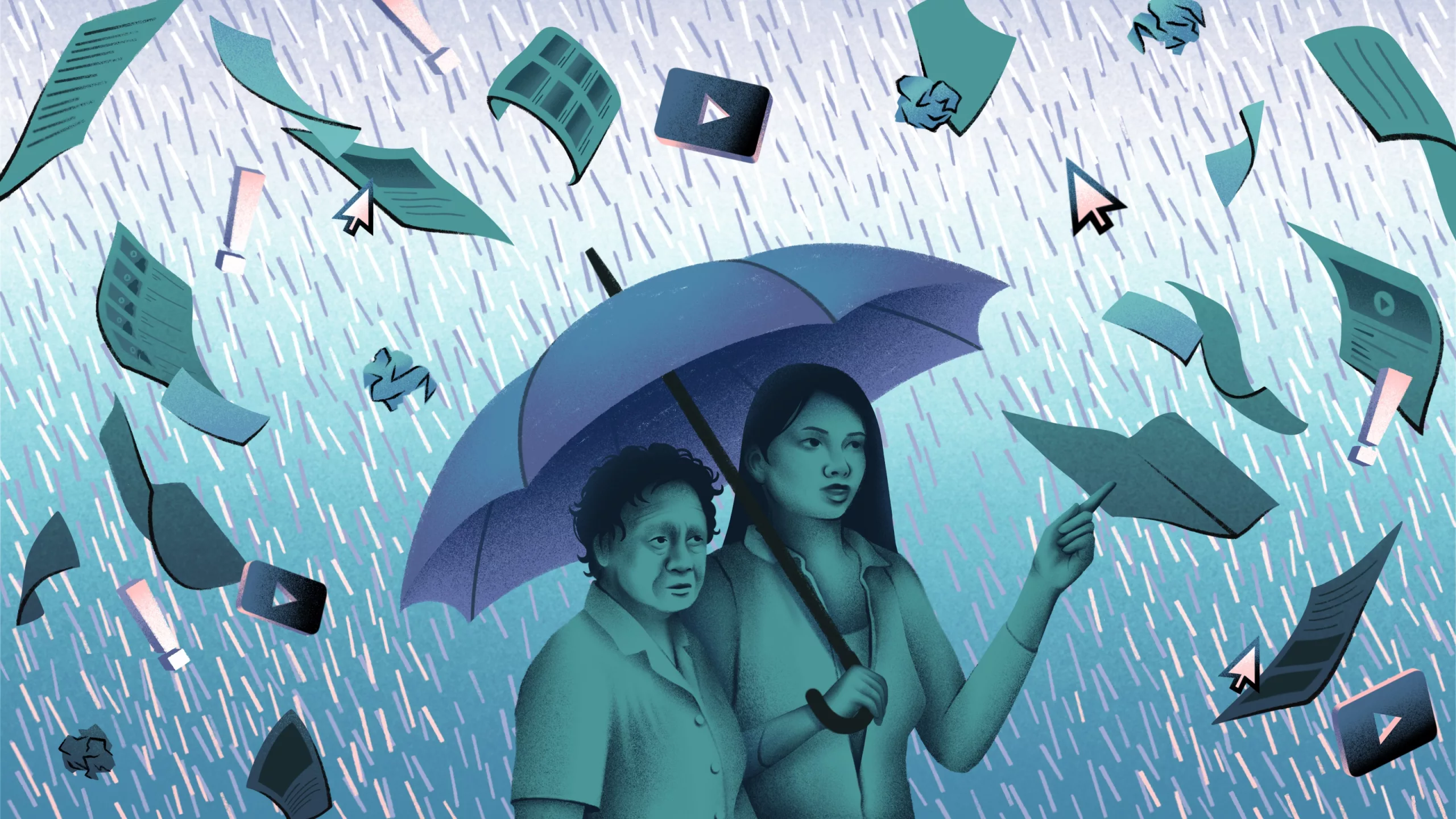 
            Illustration of a young Asian woman holding an umbrella while walking with an older Asian woman; both are being shielded by falling exclamation points and YouTube thumbnails